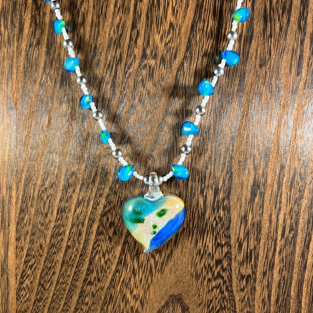 Handcrafted Glass Heart Pendant Necklace With Blue & Silver Beads - Adjustable L